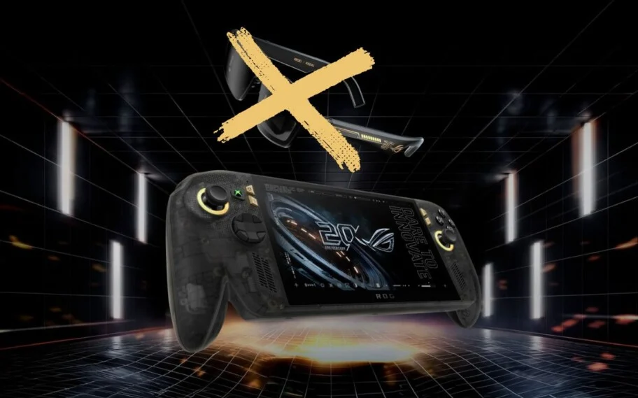 Divulgação do ASUS ROG Xbox Ally X20 com óculos AR riscado