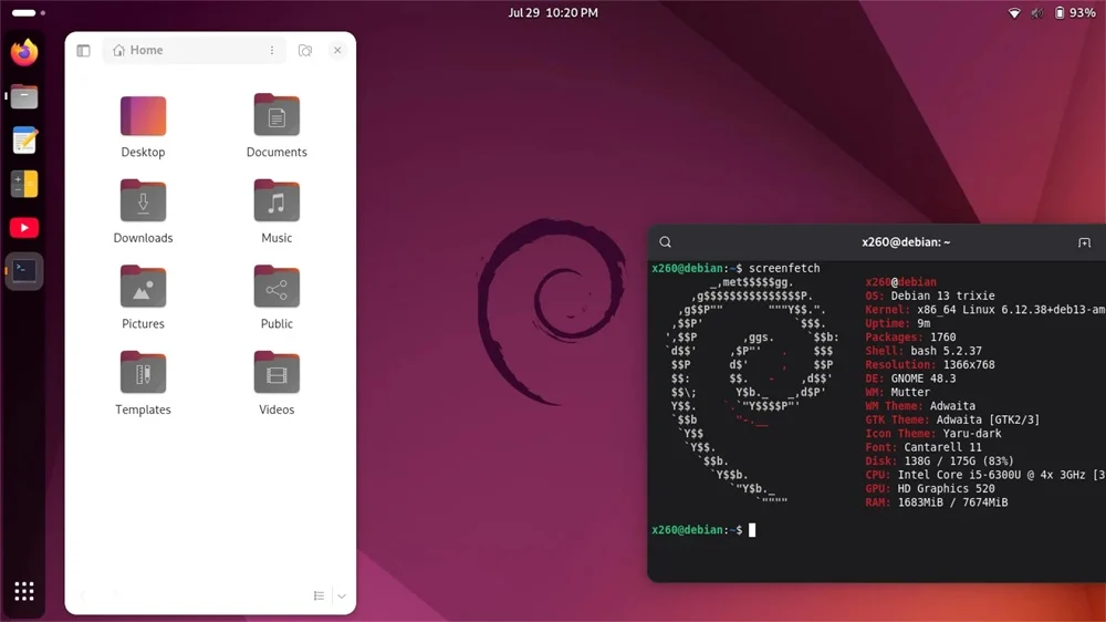 Captura do sistema Debian em uso