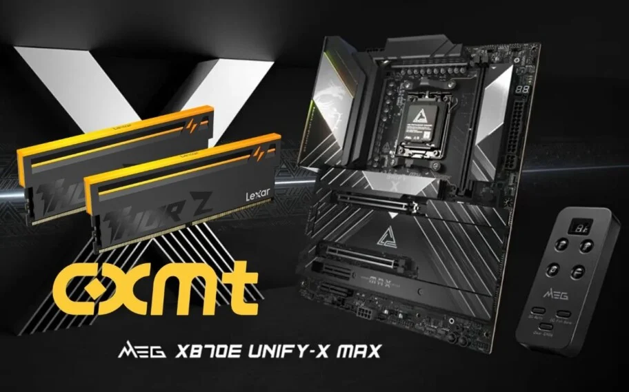 Placa MSI ao lado de memórias Lexar com logo da CXMT