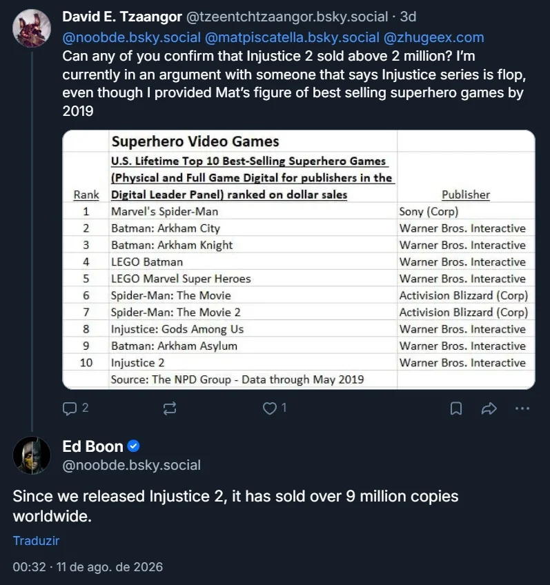 Ed Boon revela número de vendas para Injustice 2